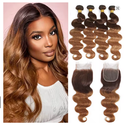 12A Ombre Body Wave Bundles with Closure — Unprocessed Virgin Brazilian Hair (3/4 Bundle Deal)