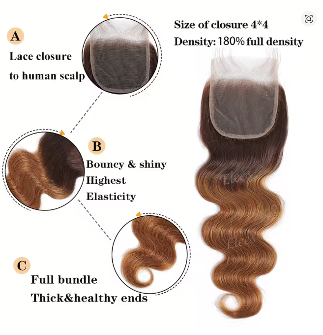 12A Ombre Body Wave Bundles with Closure — Unprocessed Virgin Brazilian Hair (3/4 Bundle Deal)
