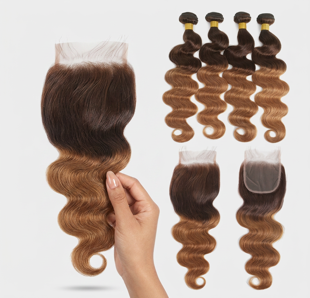 12A Ombre Body Wave Bundles with Closure — Unprocessed Virgin Brazilian Hair (3/4 Bundle Deal)