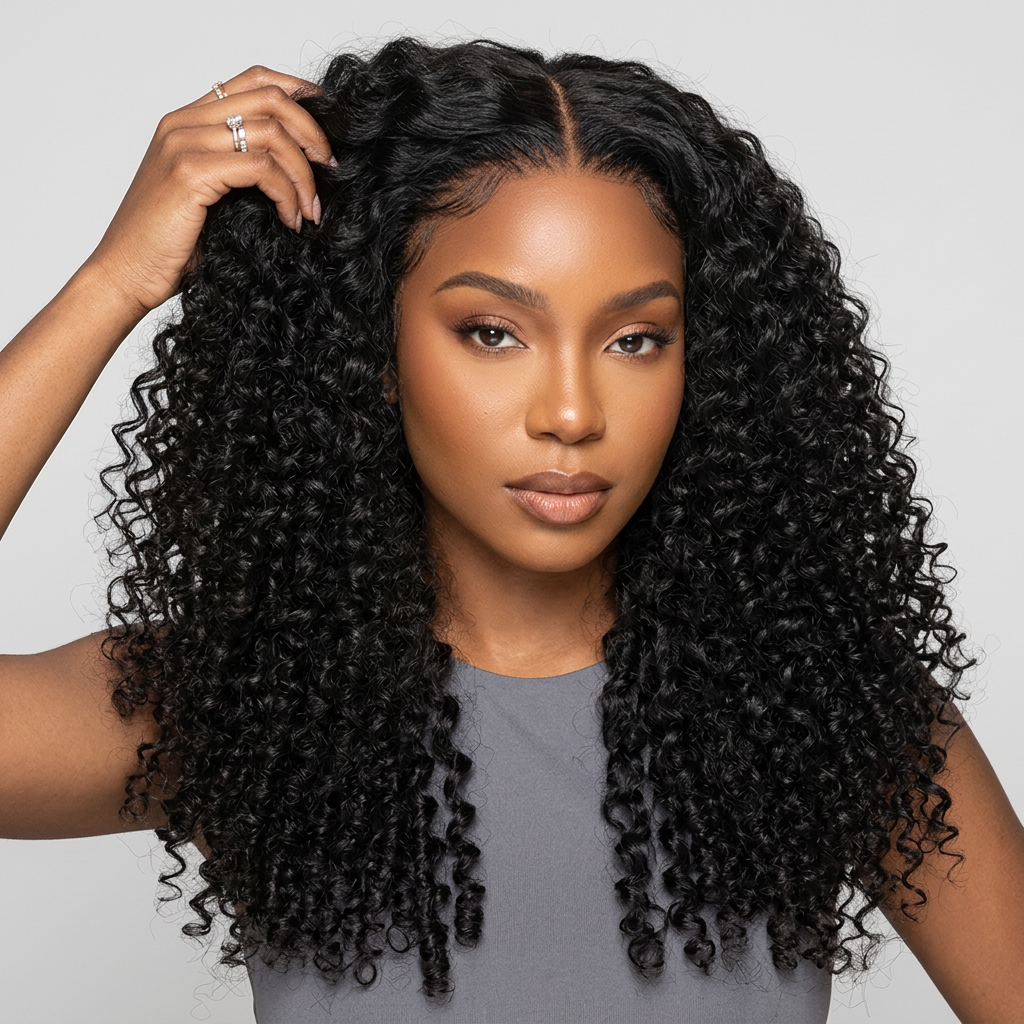 V Part Burmese Curly Wig — 180% Density Human Hair (Glueless, Drawstring)