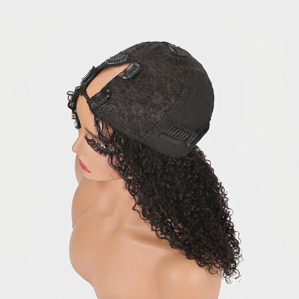 V Part Burmese Curly Wig — 180% Density Human Hair (Glueless, Drawstring)