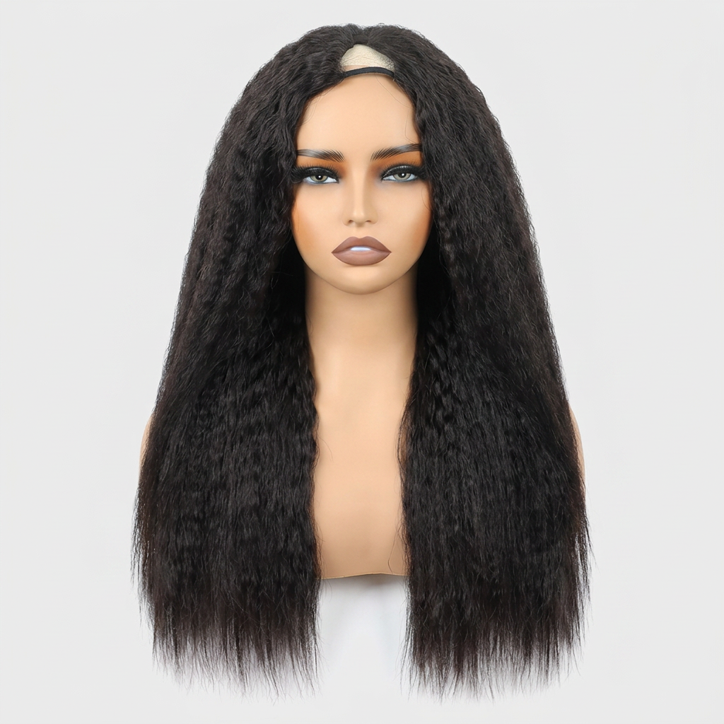 V Part Kinky Straight Wig — 200% Density Human Hair (No Glue, No Leave Out)