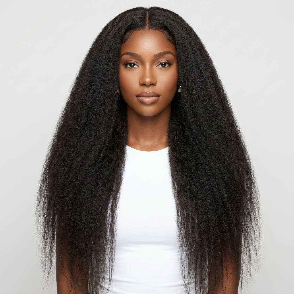 V Part Kinky Straight Wig — 200% Density Human Hair (No Glue, No Leave Out)